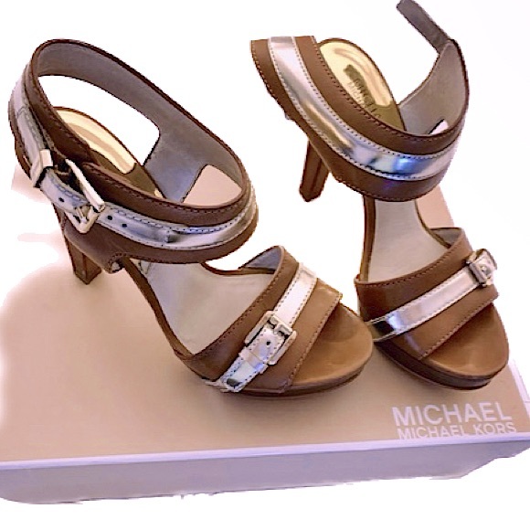 Michael Kors Brown & Gold Leather Peep Toe Ankle Strap Sandals, Women’s Size 5M. - Picture 2 of 13